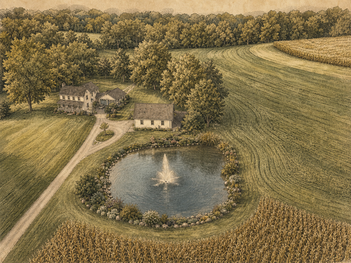 Engraved interpretation of a house and pond in a pastoral landscape.
