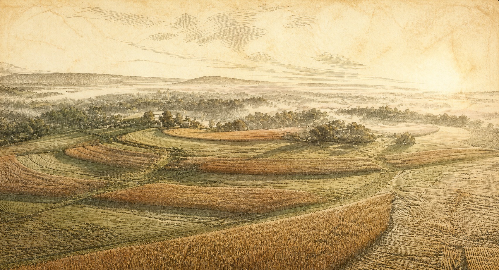 Engraved landscape interpretation of misty fields.